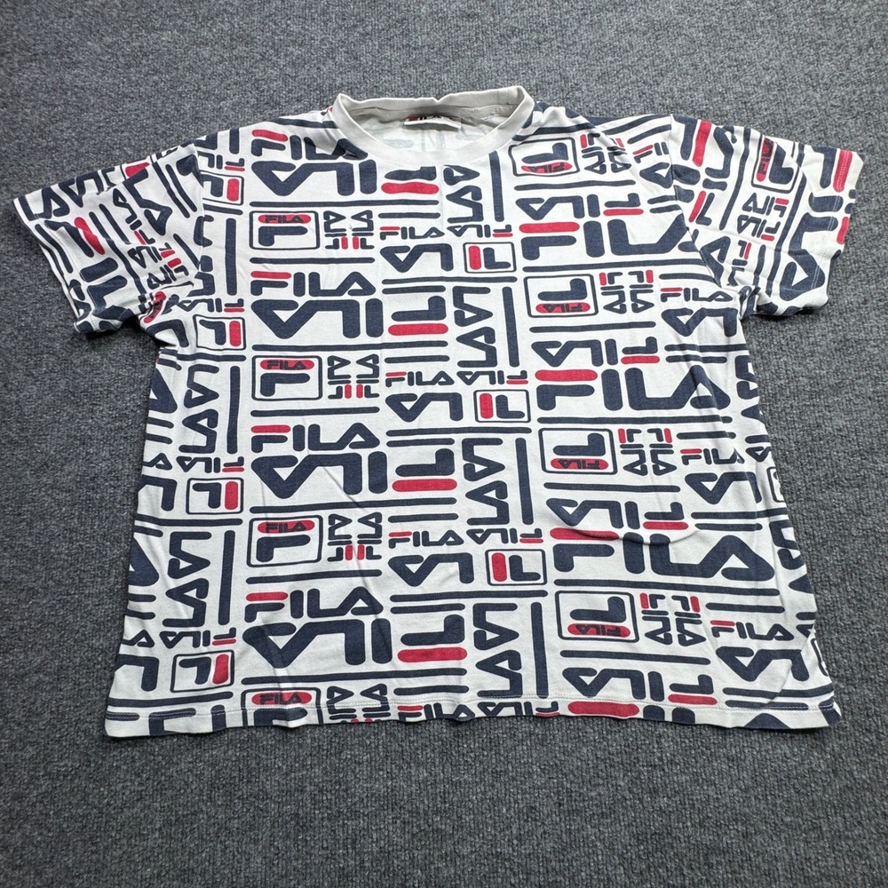 Fila T Shirt Mens L White All Over Print Logo Short Sleeve Crew Neck Cotton Tee